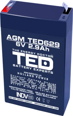 Acumulator AGM VRLA 6V 2.9Ah plumb acid 66x33x97 mm F1 terminal TED Battery Expert Holland
