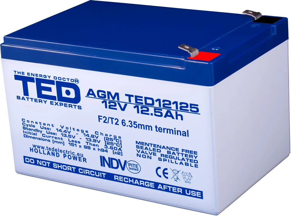 Acumulator AGM VRLA 12V 12.5Ah plumb acid 151x98x95 mm F2 terminal TED Battery Expert Holland