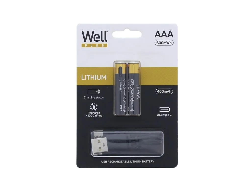 Acumulator AAA R3 Li-ion 10440 1.5V 400mAh 600mWh cu incarcare 5V USB-C 2buc/blister Well ACCU-10440/40C-BL2-WL