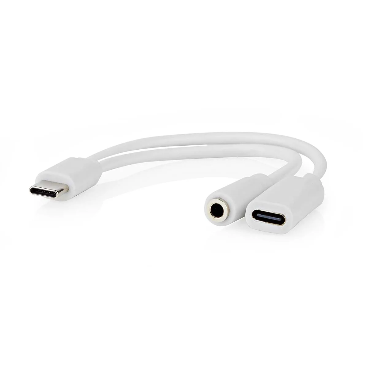 Adaptor PROFESIONAL USB type C tata - USB-C mama / Jack 3.5 mm mama casti 10cm alb Nedis CCGB64922WT01