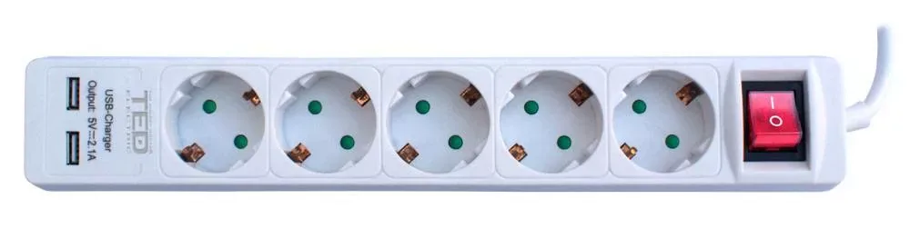 Prelungitor 5m 5 prize Schuko +2 iesiri USB 2.1A +intrerupator 3x1mm 10A 2300W TED
