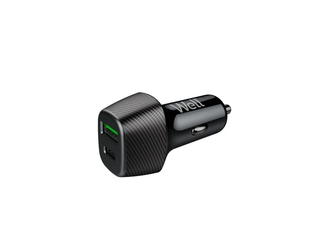 Incarcator auto Well 51W 1x USB type C PD 33W PPS + 1x USB-A QC 18W negru PSUP-USB-CPQ5101BK-WL