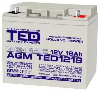 Acumulator TED 12V 19Ah High Rate AGM plumb acid 181mm x 76mm x h167mm TED1219HRF3