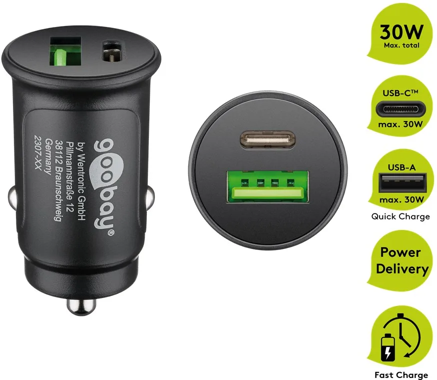 Incarcator auto 12/24V bricheta - DUAL USB A QC3.0/USB TYPE C FAST CHARGER PD 30W 55634 Goobay