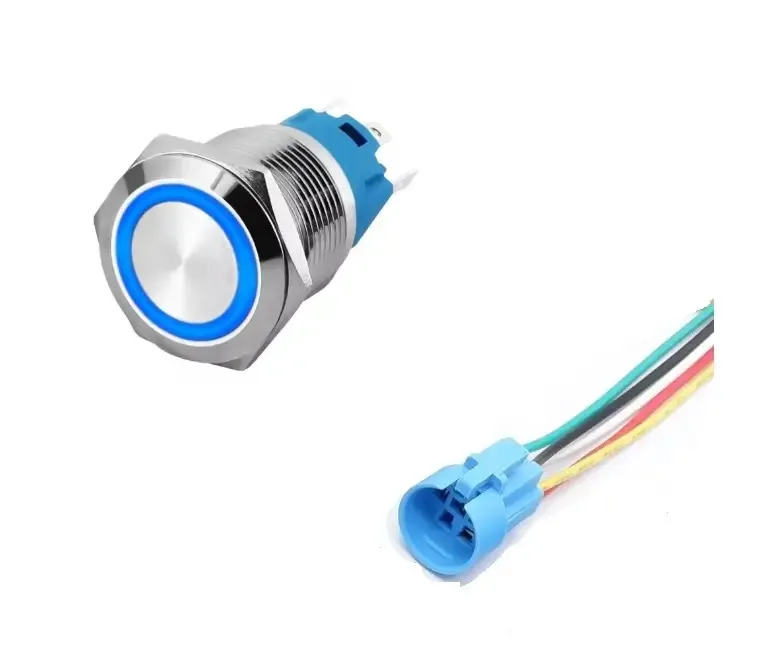 Intrerupator buton SW 3 OFF-(ON) fara retinere metal 19mm 12-24V LED albastru