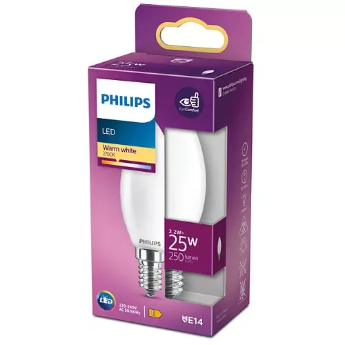 Bec LED filament Philips lumanare B35 E14 2.2W (25W) 250lm lumina calda 2700K 929001345255