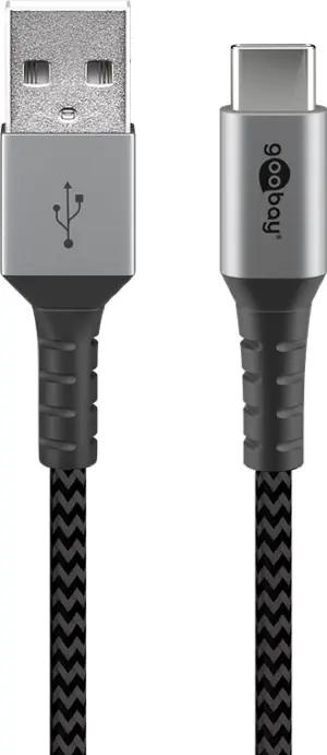 Cablu de date si incarcare USB type C 1m 3A gri/argintiu textil flexibil Goobay 49296