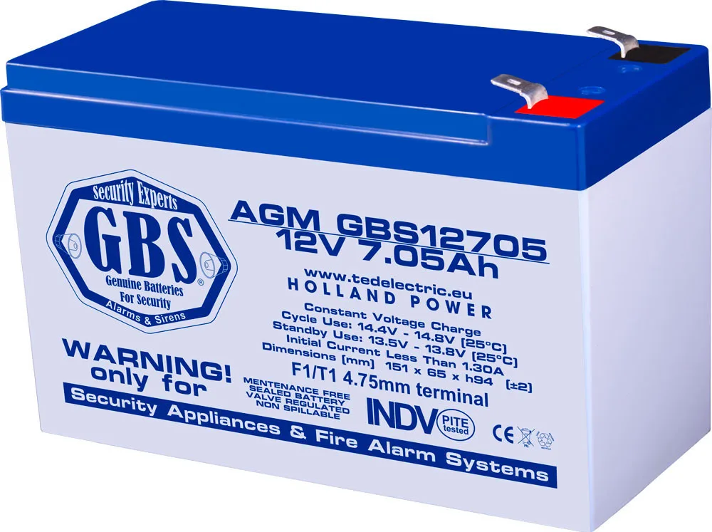Acumulator AGM VRLA 12V 7.05Ah plumb acid pentru sisteme de securitate 151x65x95 mm F1 terminal GBS12705F1