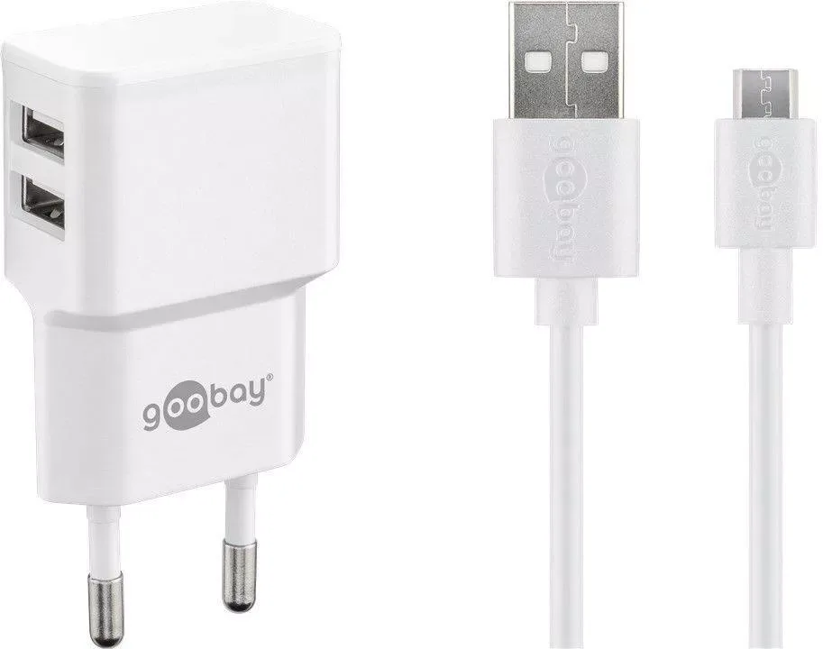 Incarcator de retea dual 2x USB cu cablu micro USB 2.4A alb Goobay