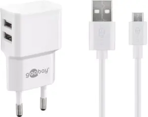 Incarcator de retea dual 2x USB cu cablu micro USB 2.4A alb Goobay