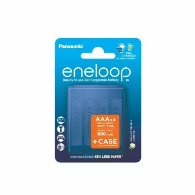 Set 4buc Eneloop Panasonic acumulatori Ni-MH AAA R3 800mA 2100cicluri + carcasa protectie BK-4MCDE/4CP+case