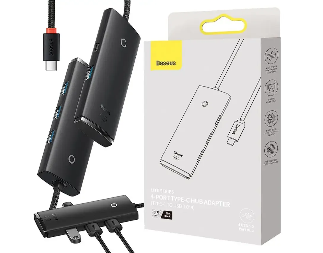 HUB extern Baseus WKQX030301 Lite 4 porturi USB 3.0 conectare prin USB Type-C cablu 0.25m negru