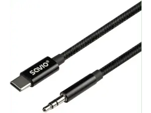 Cablu USB C tata la Jack 3.5 mm tata 1m negru textil SAVIO CL-187